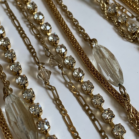 Long 28 Inch Muti Chain Necklace With Butterfly Pendant Gold Tone Rhinestones - Picture 7 of 10